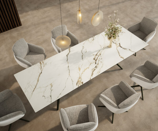 Jídelní stůl Edge 300x100 cm keramika Calacatta Luxe bílá-zlatá-šedá Estelar kulatý kovový efekt titanový - Image 4