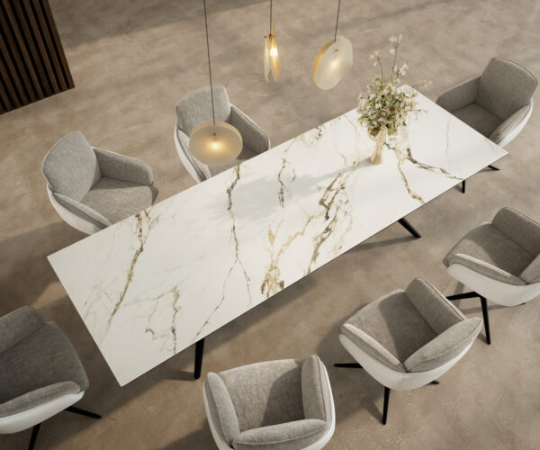 Jídelní stůl Edge 300x100 cm keramika Calacatta Luxe bílá-zlatá-šedá Estelar kulatá kovová černá - Image 4