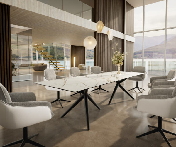 Jídelní stůl Edge 300x100 cm keramika Calacatta Luxe bílá-zlatá-šedá Estelar kulatá kovová černá - Image 6