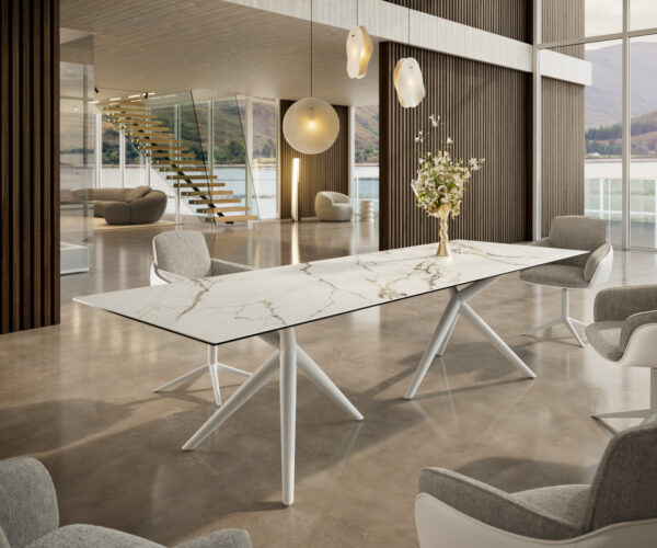 Jídelní stůl Edge 300x100 cm keramika Calacatta Luxe bílá-zlatá-šedá Estelar kulatá kov bílý - Image 2
