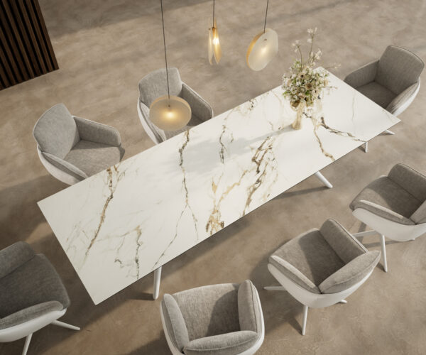 Jídelní stůl Edge 300x100 cm keramika Calacatta Luxe bílá-zlatá-šedá Estelar kulatá kov bílý - Image 4