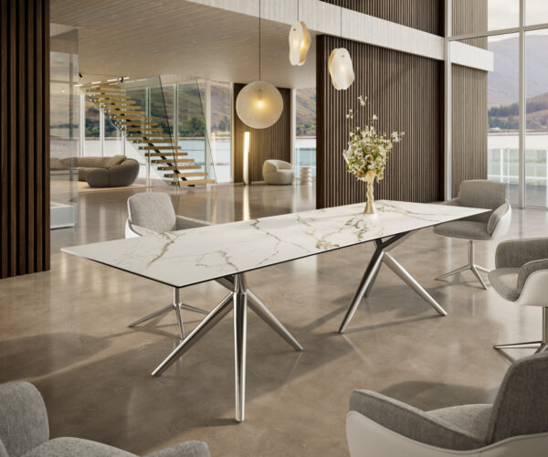 Jídelní stůl Edge 300x100 cm keramika Calacatta Luxe bílá-zlatá-šedá Estelar kulatý nerezová ocel - Image 2