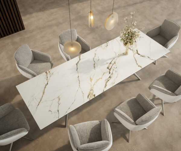 Jídelní stůl Edge 300x100 cm keramika Calacatta Luxe bílá-zlatá-šedá Estelar kulatý nerezová ocel - Image 4