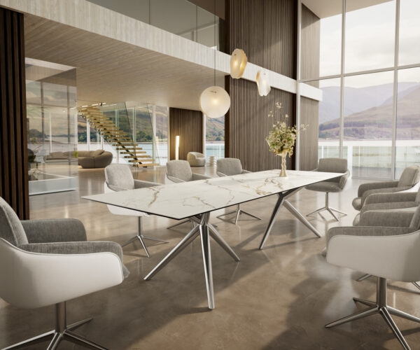 Jídelní stůl Edge 300x100 cm keramika Calacatta Luxe bílá-zlatá-šedá Estelar kulatý nerezová ocel - Image 6