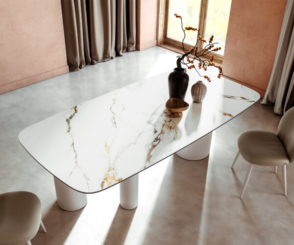 Jídelní stůl Edge lodní tvar 240x100 cm keramika Calacatta Luxe bílá-zlatá-šedá Troa kov bílý - Image 4
