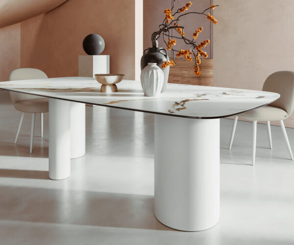 Jídelní stůl Edge lodní tvar 240x100 cm keramika Calacatta Luxe bílá-zlatá-šedá Troa kov bílý - Image 7