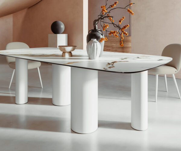 Jídelní stůl Edge lodní tvar 240x100 cm keramika Calacatta Luxe bílá-zlatá-šedá Pilier kov bílý - Image 7