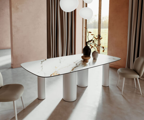 Jídelní stůl Edge lodní tvar 240x100 cm keramika Calacatta Luxe bílá-zlatá-šedá Pilier kov bílý - Image 2