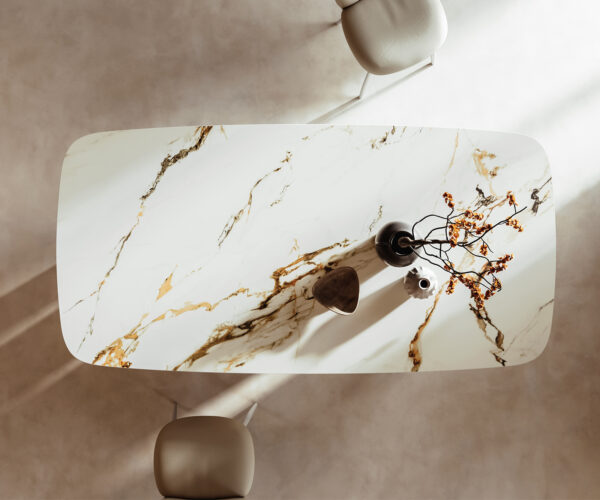 Jídelní stůl Edge lodní tvar 240x100 cm keramika Calacatta Luxe bílá-zlatá-šedá Pilier kov bílý - Image 6