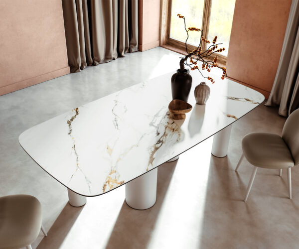 Jídelní stůl Edge lodní tvar 240x100 cm keramika Calacatta Luxe bílá-zlatá-šedá Pilier kov bílý - Image 4
