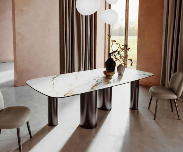 Jídelní stůl Edge lodní tvar 240x100 cm keramika Calacatta Luxe bílá-zlatá-šedá Pilier nerezová ocel grafitová - Image 2