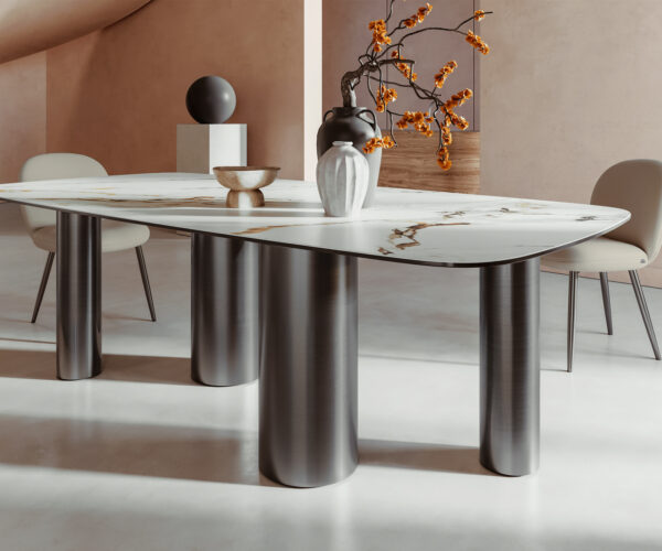 Jídelní stůl Edge lodní tvar 240x100 cm keramika Calacatta Luxe bílá-zlatá-šedá Pilier nerezová ocel grafitová - Image 7