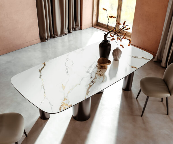 Jídelní stůl Edge lodní tvar 240x100 cm keramika Calacatta Luxe bílá-zlatá-šedá Pilier nerezová ocel grafitová - Image 4