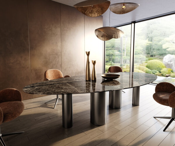 Jídelní stůl Edge 315x150 cm keramika Laminam® Emperador Extra Lucidato tmavě hnědá Pilier nerez grafitová