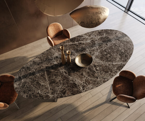 Jídelní stůl Edge oválný 315x150 keramika Laminam®Emperador Extra Lucidato tmavě hnědá Zenthara hranatý kov černá - Image 4