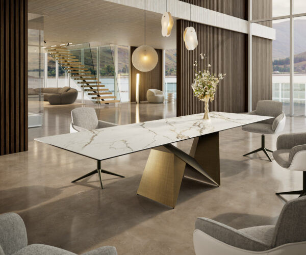 Jídelní stůl Edge 300x100 cm keramika Calacatta Luxe bílá-zlatá-šedá Origami kov zlatý - Image 2