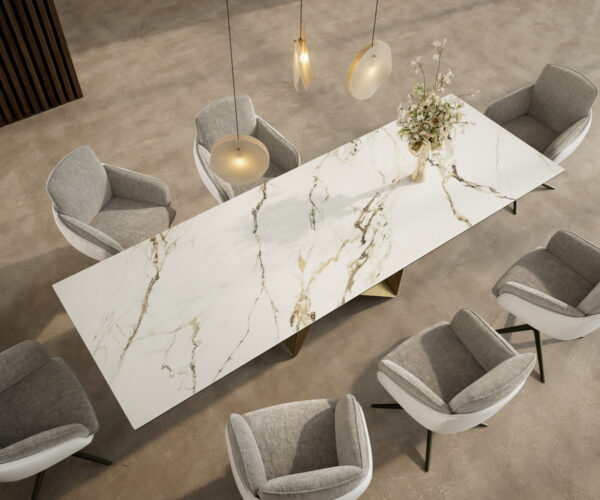 Jídelní stůl Edge 300x100 cm keramika Calacatta Luxe bílá-zlatá-šedá Origami kov zlatý - Image 4