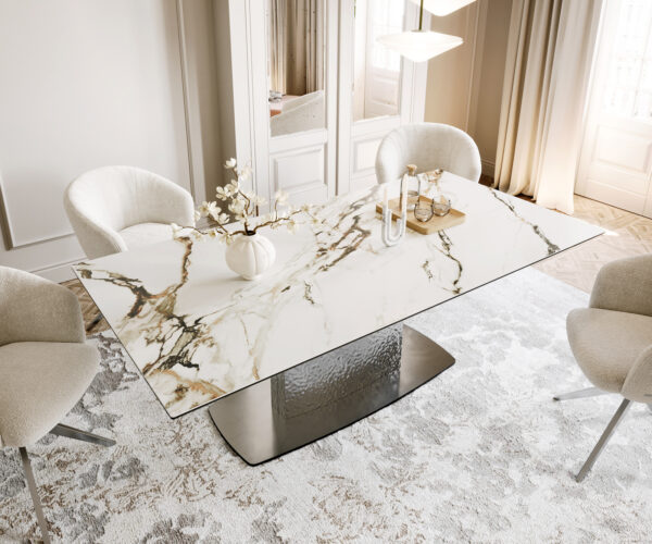 Jídelní stůl Edge lodní tvar 200x100 cm keramika Calacatta Luxe bílá-zlatá-šedá Wave nerezová ocel - Image 4