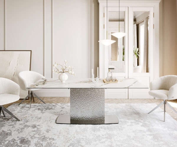 Jídelní stůl Edge lodní tvar 200x100 cm keramika Calacatta Luxe bílá-zlatá-šedá Wave nerezová ocel - Image 2