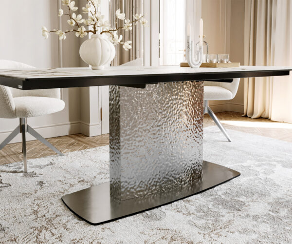 Jídelní stůl Edge lodní tvar 200x100 cm keramika Calacatta Luxe bílá-zlatá-šedá Wave nerezová ocel - Image 7