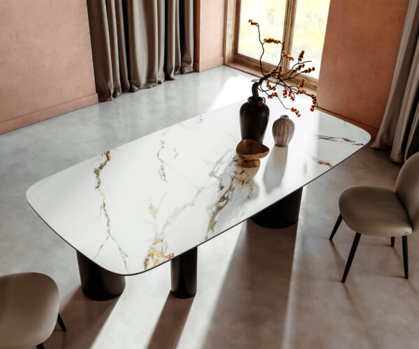 Jídelní stůl Edge lodní tvar 240x100 cm keramika Calacatta Luxe bílá-zlatá-šedá Trao kov černý - Image 4
