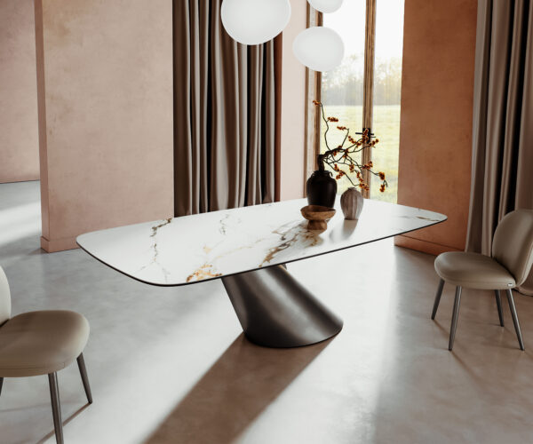 Jídelní stůl Edge lodní tvar 240x100 cm keramika Calacatta Luxe bílá-zlatá-šedá Cono kov stříbrný - Image 2