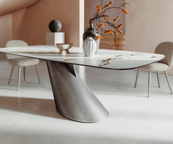 Jídelní stůl Edge lodní tvar 240x100 cm keramika Calacatta Luxe bílá-zlatá-šedá Cono kov stříbrný - Image 7