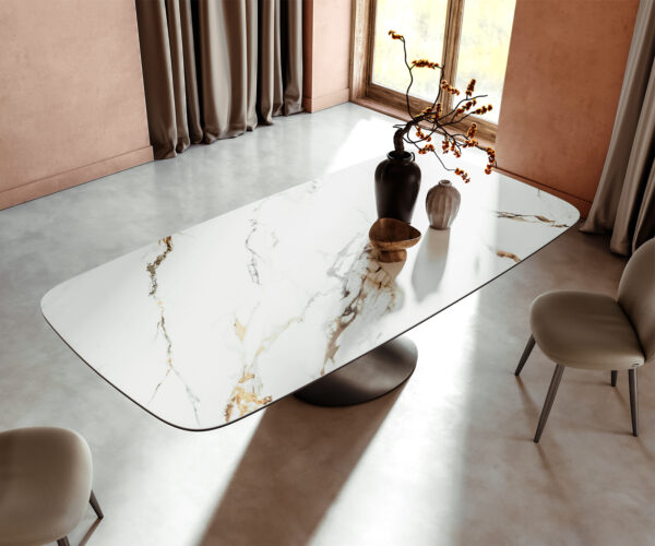 Jídelní stůl Edge lodní tvar 240x100 cm keramika Calacatta Luxe bílá-zlatá-šedá Cono kov stříbrný - Image 4