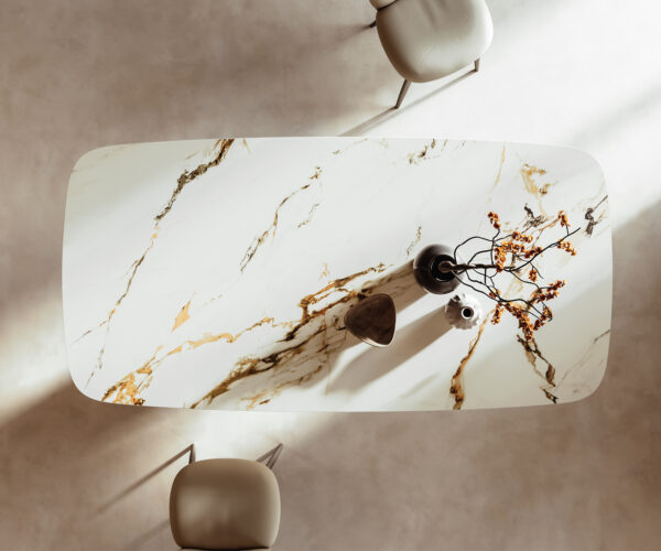 Jídelní stůl Edge lodní tvar 240x100 cm keramika Calacatta Luxe bílá-zlatá-šedá Cono kov stříbrný - Image 6