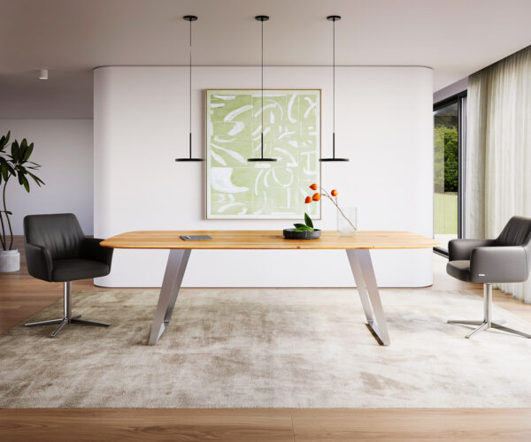 Jídelní stůl Edge lodní tvar 240x100 cm přírodní dub nakloněný rám nerezová ocel švýcarský - Image 2