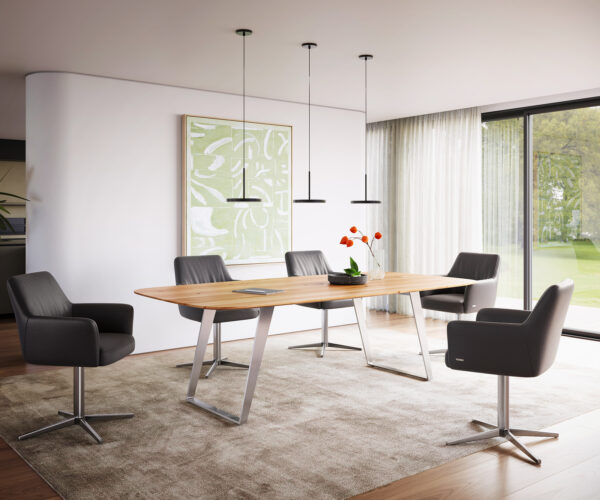 Jídelní stůl Edge lodní tvar 240x100 cm přírodní dub nakloněný rám nerezová ocel švýcarský - Image 5