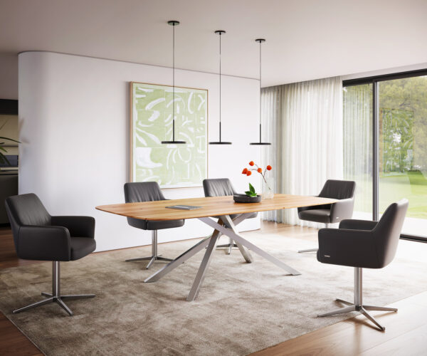 Jídelní stůl Edge lodní tvar 240x100 cm přírodní dub, křížová podnož, obdélníkový, nerezová ocel, švýcarský - Image 5
