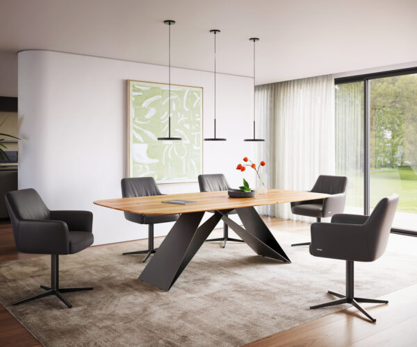 Jídelní stůl Edge lodě tvaru 240x100 cm přírodní dub V-rám plochý kov černý švýcarský - Image 5