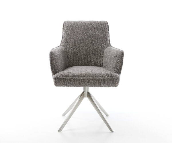 Jídelní židle Heira-Flex s područkami, bouclé stříbrnošedé, křížová podnož, široká, nerezová ocel, otočné o 360°, houpací funkce, jádro z taštičkových pružin - Image 2