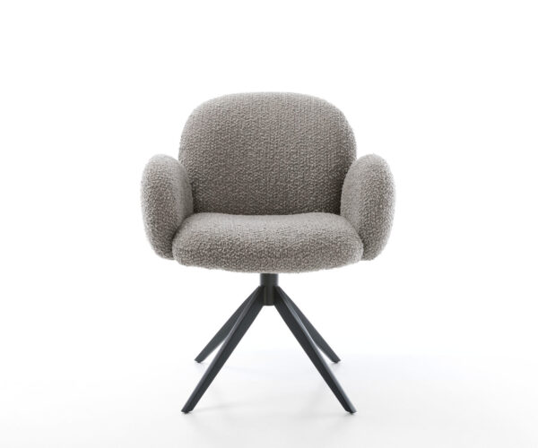 Jídelní židle Nube-Flex s područkami, bouclé stříbrnošedé, křížová podnož, široká, kovová černá, otočné o 360°, s funkcí houpání, jádro z taštičkových pružin - Image 2