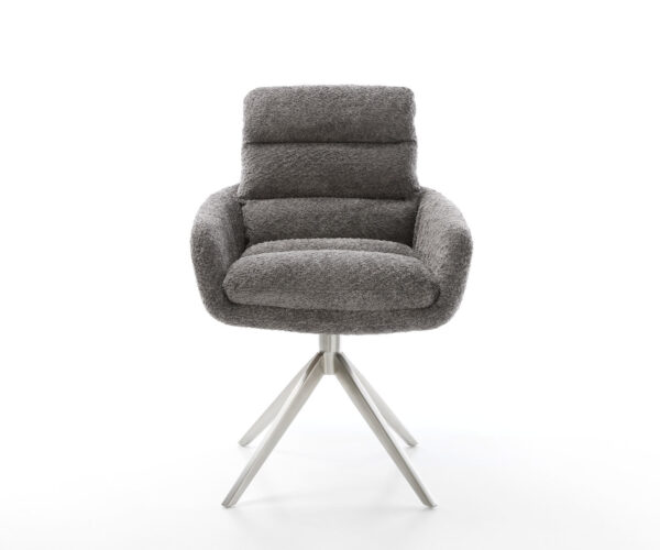 Jídelní židle Abelia-Flex s područkami, bouclé šedé, křížová podnož, široká, nerezová ocel, otočné o 360°, s houpací funkcí - Image 2