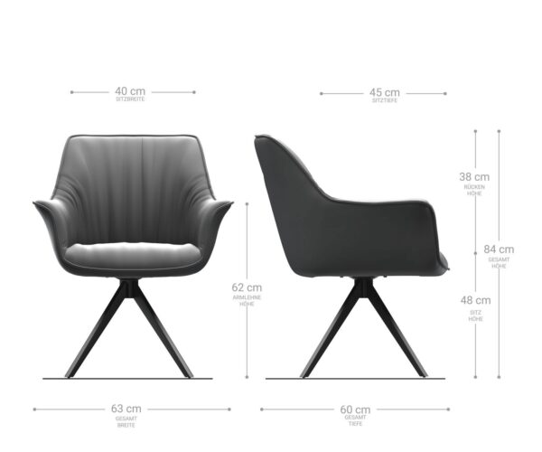 Jídelní židle Keila-Flex s područkami, pravá černá kůže, černý čtvercový křížový rám - Image 6
