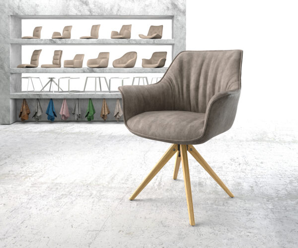 Jídelní židle Keila-Flex s područkami mikrovlákno taupe vintage dřevěná podnož hranatá přírodní