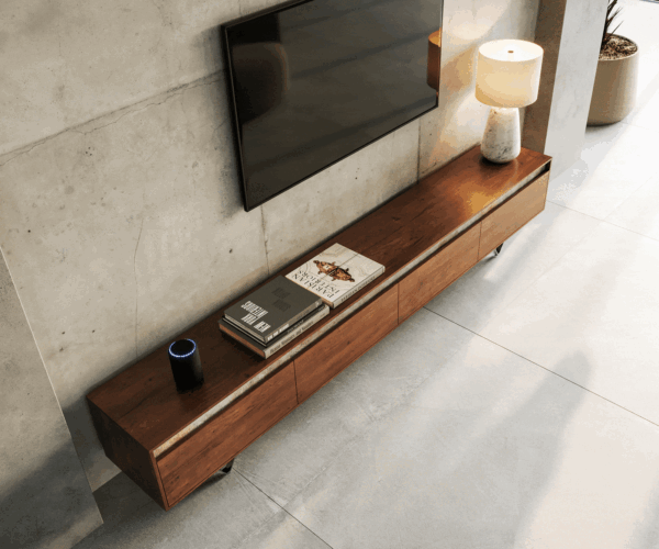 TV stolek Stonegrace 240 cm akácie hnědá břidlice 4 dveře V-nohy černé - Image 4