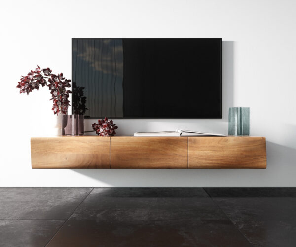 TV stolek New Live-Edge 145 cm přírodní akácie, 3 dveře, závěsná - Image 4