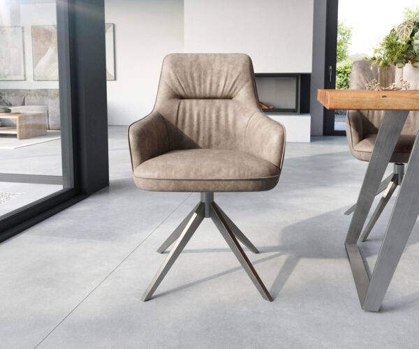 Jídelní židle Zelia-Flex s područkami, křížová podnož, široké, nerezová ocel, mikrovlákno taupe, otočné o 360° - Image 2