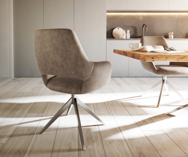Jídelní židle Yago-Flex s područkami, křížová podnož, široké provedení, nerezová ocel, mikrovlákno taupe, otočné o 360° - Image 5
