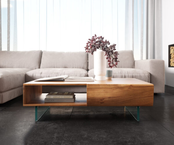 Konferenční stolek New Live Edge 115x60x38 cm přírodní akácie 2 zásuvky 1 přihrádka plovoucí styl New Live-Edge Live Edge 115x60x38 cm přírodní akácie 2 zásuvky 1 přihrádka plovoucí styl - Image 2