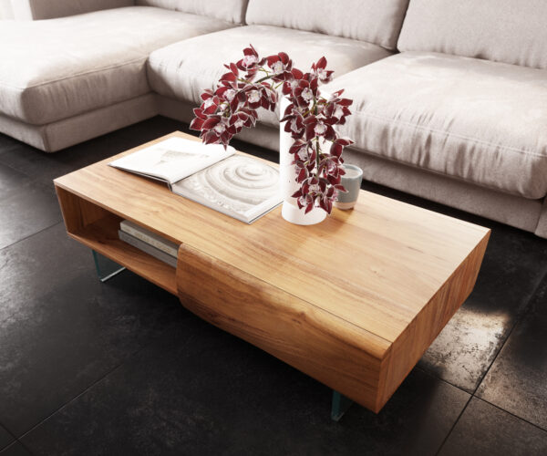 Konferenční stolek New Live Edge 115x60x38 cm přírodní akácie 2 zásuvky 1 přihrádka plovoucí styl New Live-Edge Live Edge 115x60x38 cm přírodní akácie 2 zásuvky 1 přihrádka plovoucí styl - Image 4