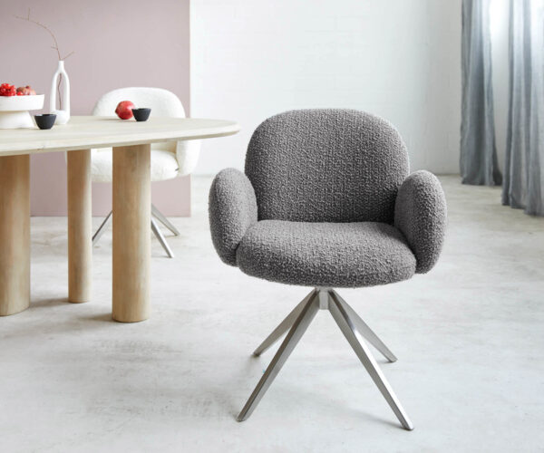 Jídelní židle Nube-Flex s područkami, křížový rám, široké, nerezová ocel, bouclé stříbrně šedá, 180° otočné, jádro z taštičkových pružin - Image 2