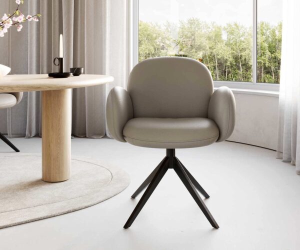 Jídelní židle Nube-Flex s područkami, křížová podnož, široké, kovové, černé, pravá kůže taupe, otočné o 180°, jádro s taštičkovými pružinami - Image 2