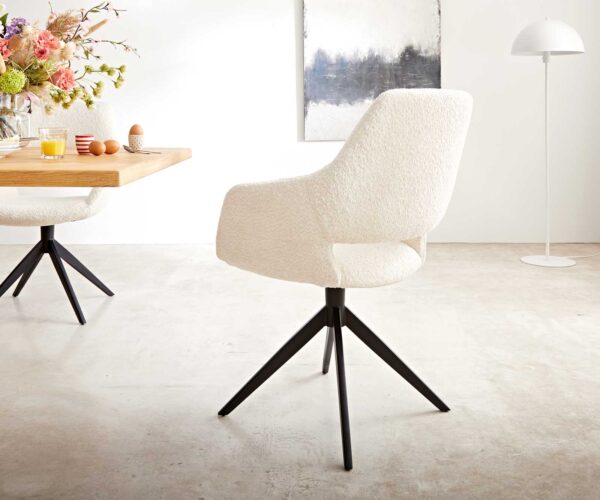 Jídelní židle Yago-Flex XL s područkami bouclé bílá křížová podnož široká černá otočná 360° - Image 5