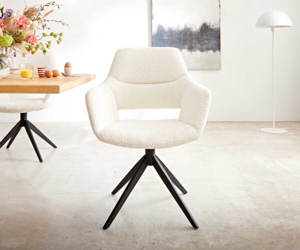 Jídelní židle Yago-Flex XL s područkami bouclé bílá křížová podnož široká černá otočná 360° - Image 2