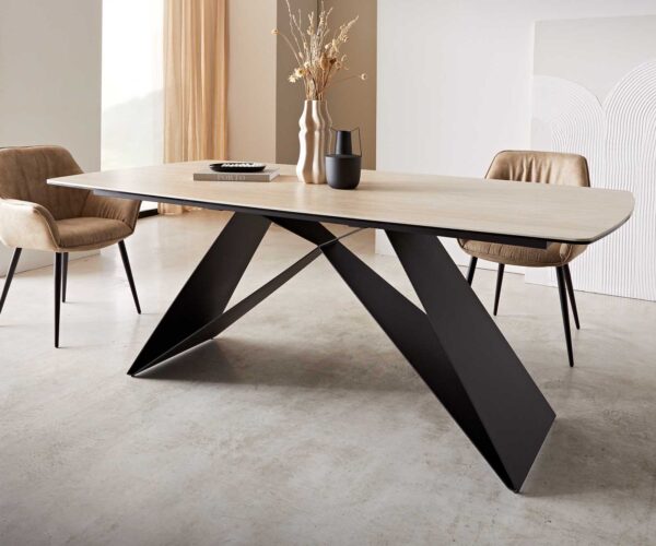 Jídelní stůl Edge lodní tvar keramický travertinová barva 200x100 V-noha plochý kov černý - Image 8