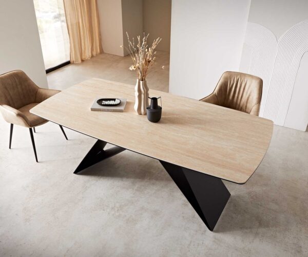 Jídelní stůl Edge lodní tvar keramický travertinová barva 200x100 V-noha plochý kov černý - Image 7